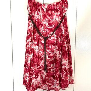 Laura Scott Peasant Skirt Size L Red Tropical Print Macrame Boho Beaded Belt